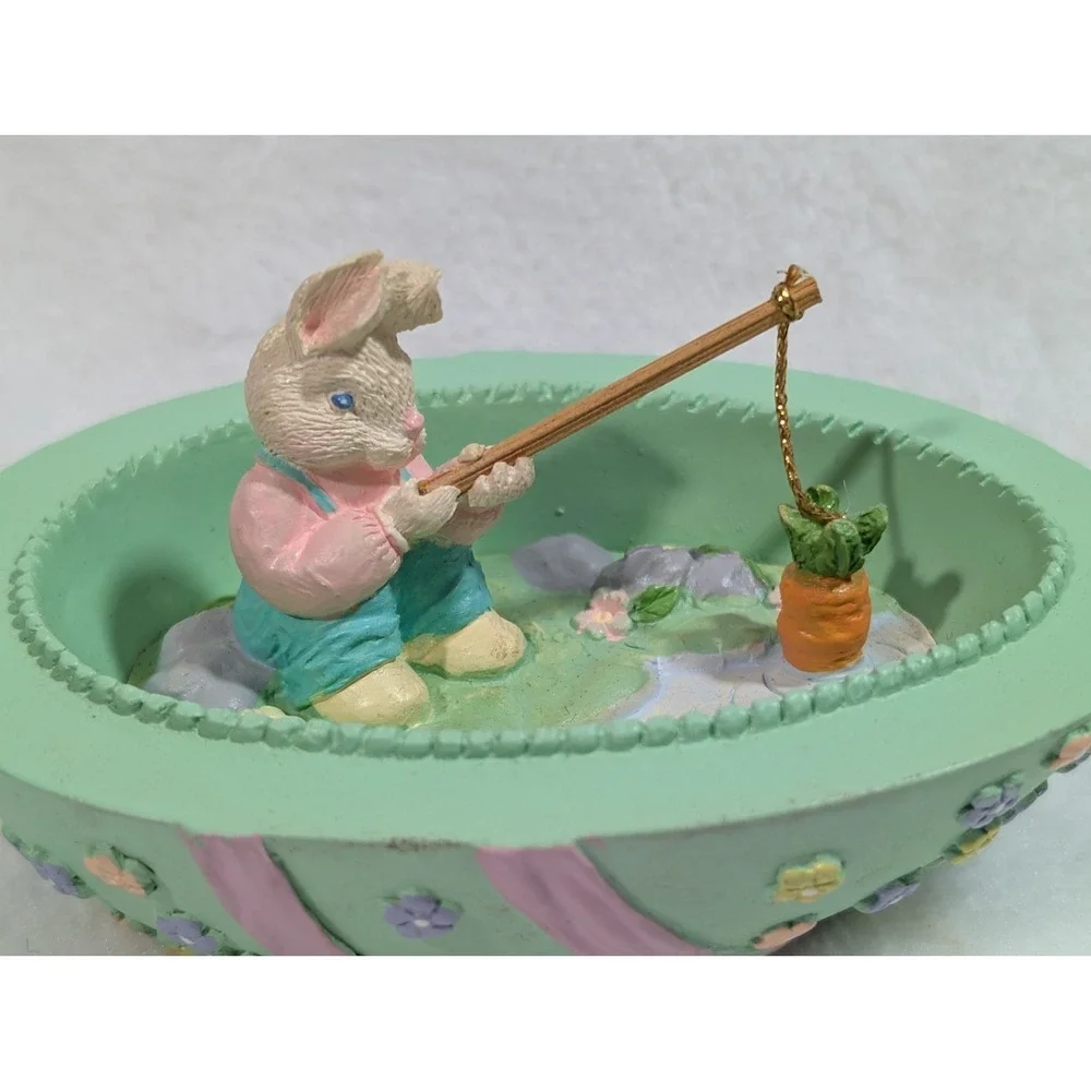 Vintage 90s Easter Egg Bunny Fishing Figurine Pastel Bow Knick Knack Decor Opens